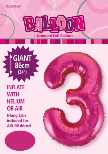 Hot Pink "3" Numeral Foil Balloon 86cm (34")